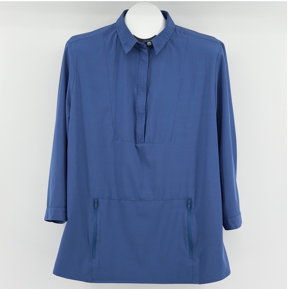 Betabrand Pullover Shirt Mens XL Blue Casual Travel 1/4 Button Down Pockets
